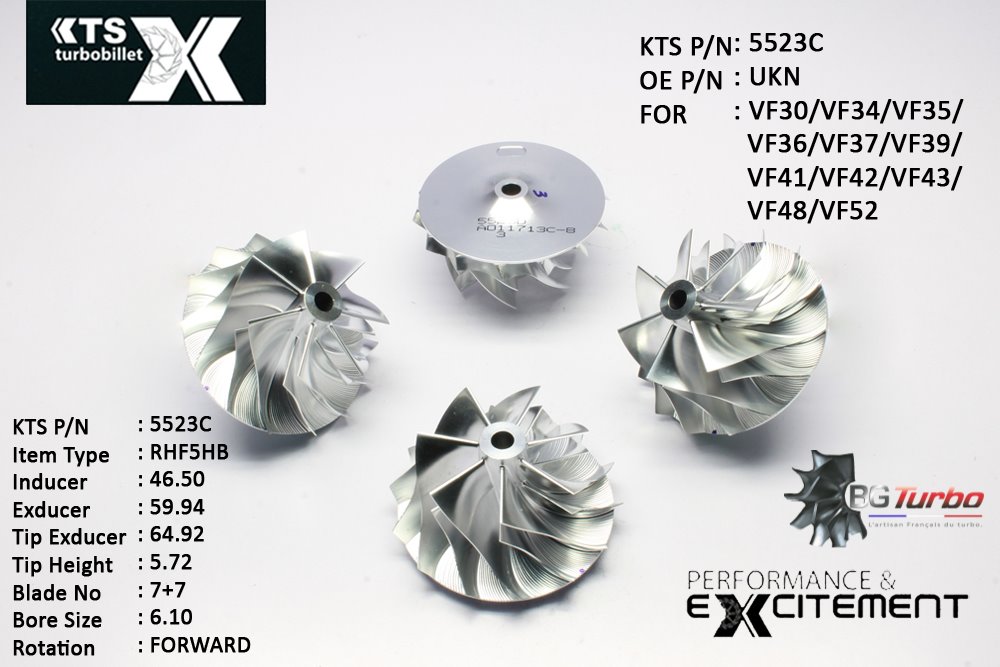 Turbo ROUE FORGÉE MFS PERFORMANCE - 7+7 PALES - INDUCER : 46,5 - EXDUCER : 59,94 - TYPE : RHF5HBANGLE : 60° - ROTATION : Forward - SUPER BACK : 3,71 - BORE SIZE : 6,1
